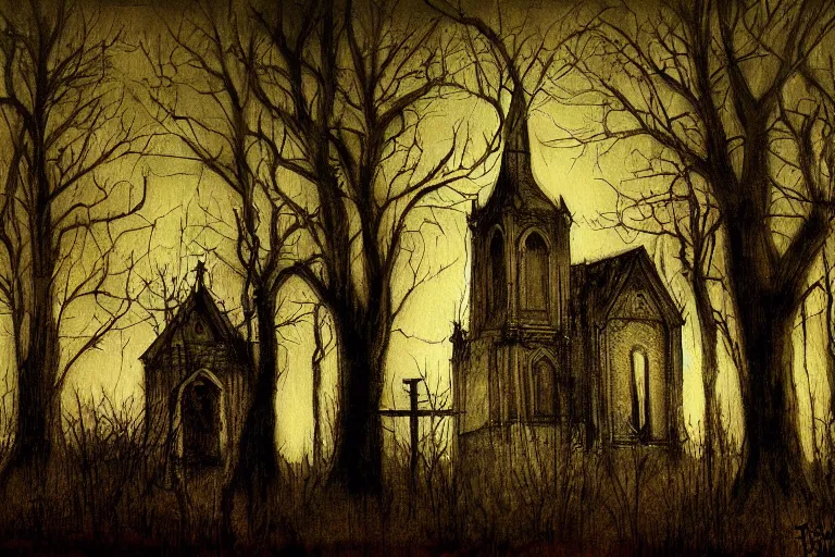 Image similar to mad horror painting of a old church in the woods by ben templesmith