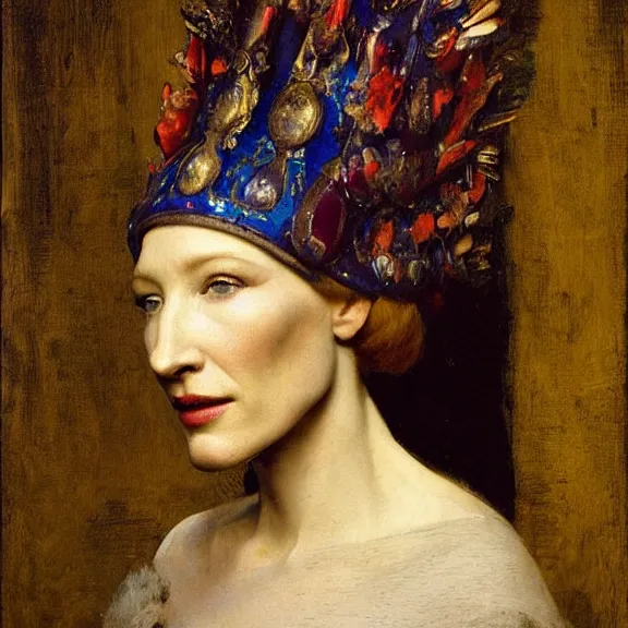 Prompt: cate blanchett by Annie Swynnerton and Nicholas Roerich and Vermeer, strong dramatic cinematic lighting, ornate headdress, lost civilizations, smooth, sharp focus, extremely detailed