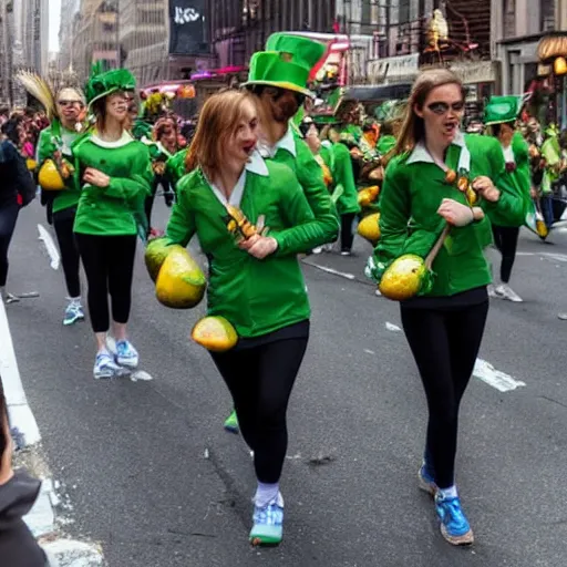 Prompt: a parade of avocados you marching down 5 th ave manhattan on st. patrick's day being lead by emma watson, 8 k, photo realistic, extremely life like