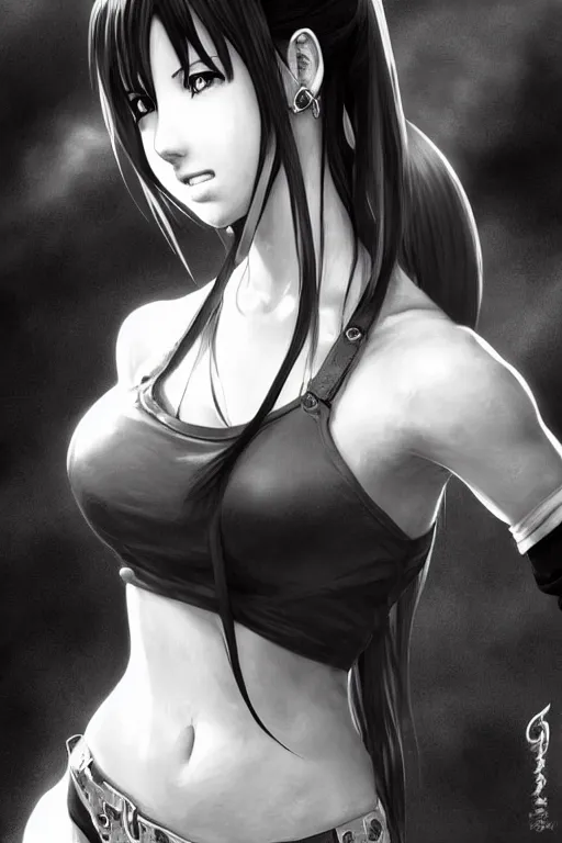 Image similar to highly detailed manga line art portrait of tifa from Final Fantasy, very detailed, realistic, by Stanley Artgerm Lau, greg rutkowski, thomas kindkade, alphonse mucha, loish, norman rockwell J.