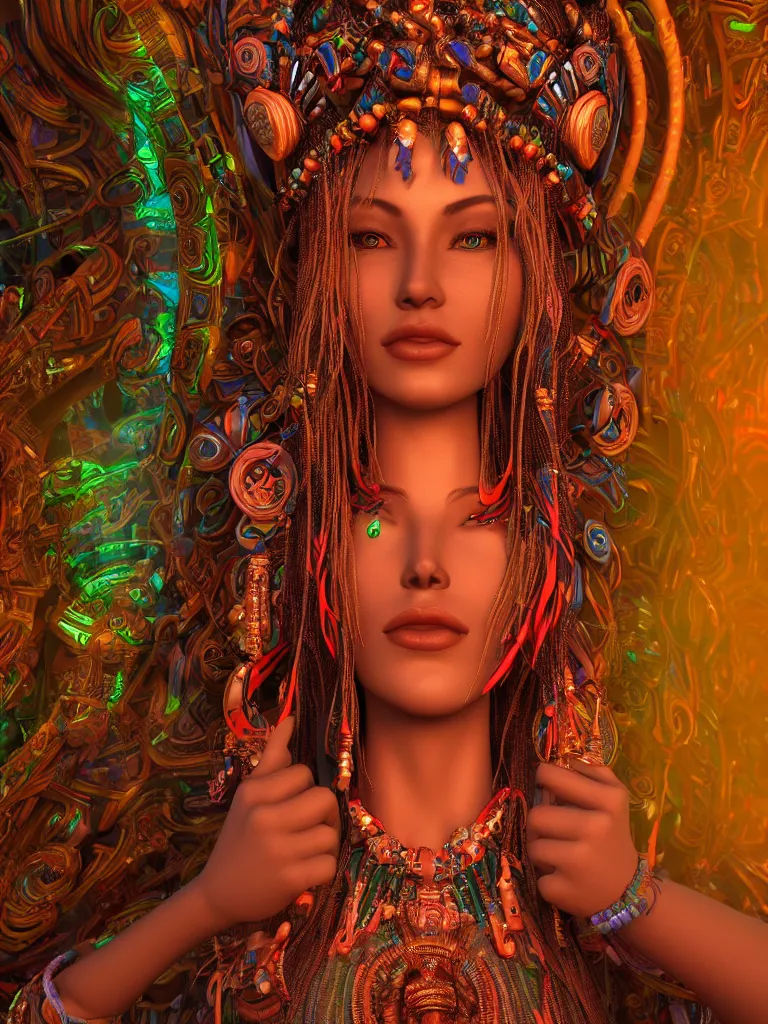 Image similar to a centered render of an alluring tribal goddess plays music on a complex synthesizer in a mystical psychedelic temple, full body, gorgeous face, perfect face, powerful, by viktoria gavrilenko, 3 d, trending on artstation, octane render, 8 k