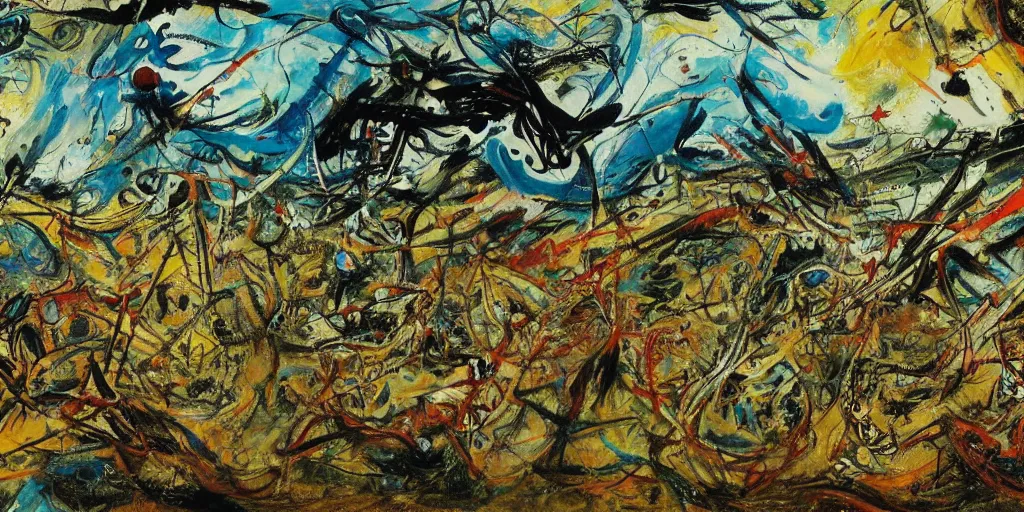 Image similar to a high quality professional 360 painting of a fantasy landscape by Jackson Pollock, detailed, elegant, intricate, 4k