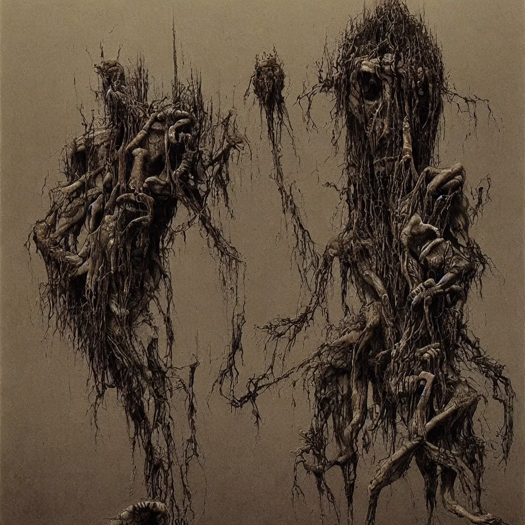 Image similar to darkwood, creature, vile, disgusting, rotten, nauseating, repugnant, disturbing, style of zdislaw beksinski