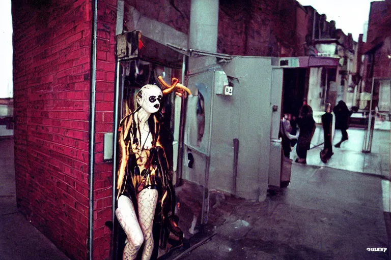 Image similar to 35mm color lomography, last photo, portrait, fashion shoot, weird, random, strange, spooky, hyperdetailed, photorealistic, high fashion, interesting, viper rooms entrance, david cronenberg