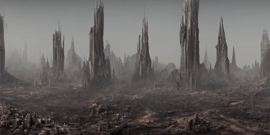 Prompt: intricate matte painting of grey apocalyptic burned landscape, phallic shaped towers in backgound, by james gurney, unreal engine, trending on artstation.