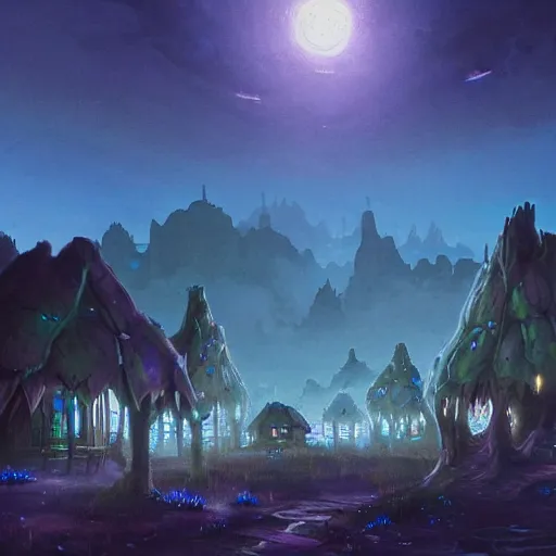 Prompt: concept art painting of a fantasy alien nighttime landscape of houses made of fungus, with glowing blue lights, glowing blue mushrooms, dark purple sky, realistic, detailed, cel shaded, in the style of makoto shinkai and greg rutkowski and albert bierstadt and james gurney