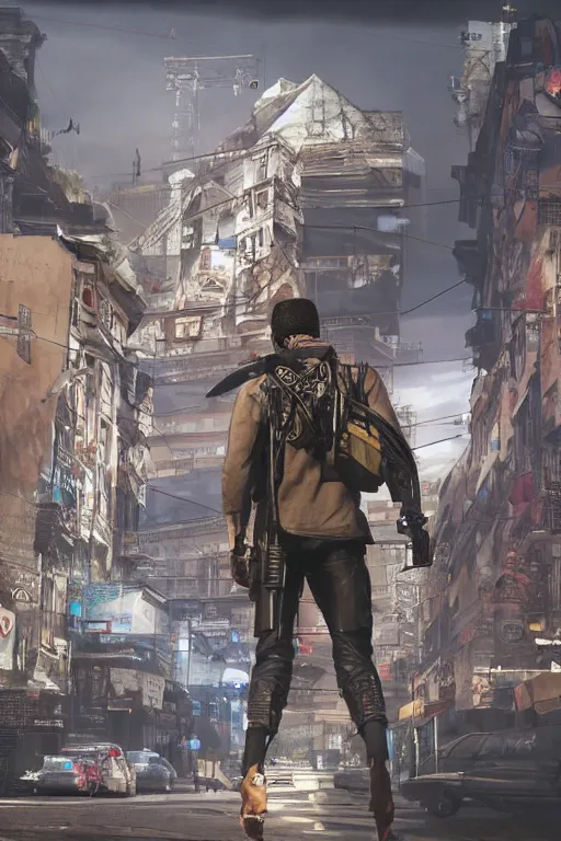 Image similar to in the foreground a Parisian street, in the background a brown man from the back with blue energy wings coming out of his back wearing a long matrix style jacket and starting to fly away, realistic, high definition, great details, dramatic scene, detailed and realistic hands, symmetrical face, realistic eyes, cyberpunk art 2077