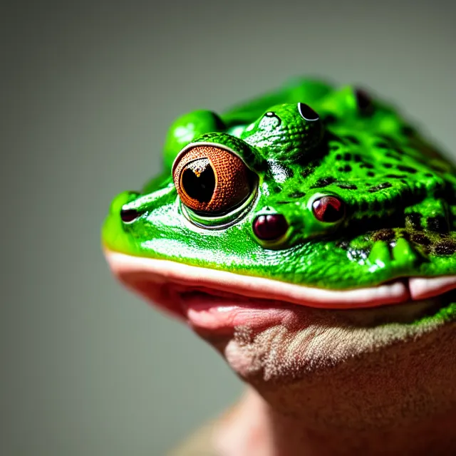 Image similar to man wearing a frog head, highly detailed, 4 k, hdr, smooth, sharp focus, high resolution, award - winning photo, boris valejo, photorealistic