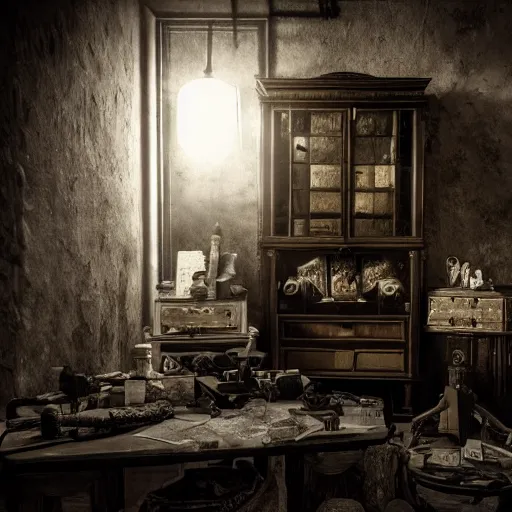 Image similar to cabinet of oddities and curiosities, esoteric, hd award cinematic photography, dramatic lighting