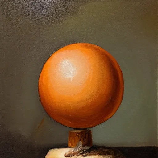 Prompt: oil painting of a spherical rough boulder on a pedestal with a match stick in its side, brown background