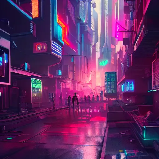 Prompt: Cyberpunk city, alley, neon and hologram, cinematic lighting, artstation, cgsociety, concept art, highly detailed and realistic