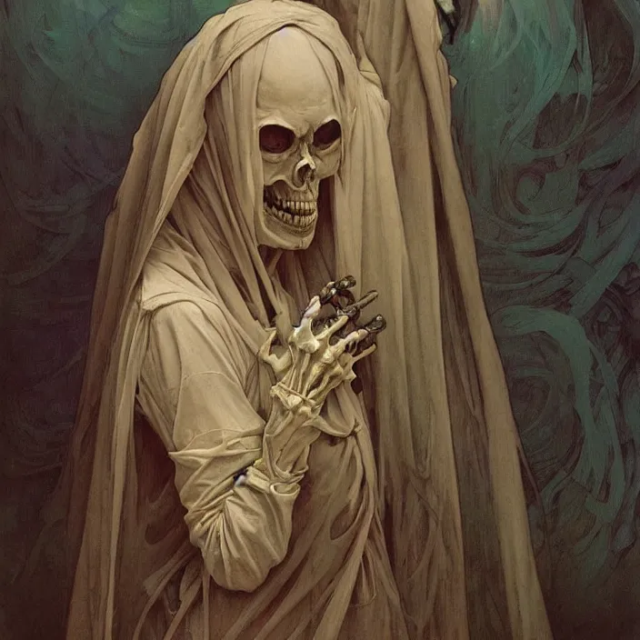 Prompt: A beautiful painting of A Skeleton Nun by Ross Tran!!! and alphonse mucha and greg rutkowski! and Gustave Doré!! and Zdzisław Beksiński!,In style of Impressionism.Symmetry.Highly detailed face.Fantasy,smooth,hyper detailed,sharp focus,Soft light.trending on artstation.oil on canvas