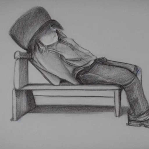 Image similar to pencil sketch of kid rock sleeping on a bench,