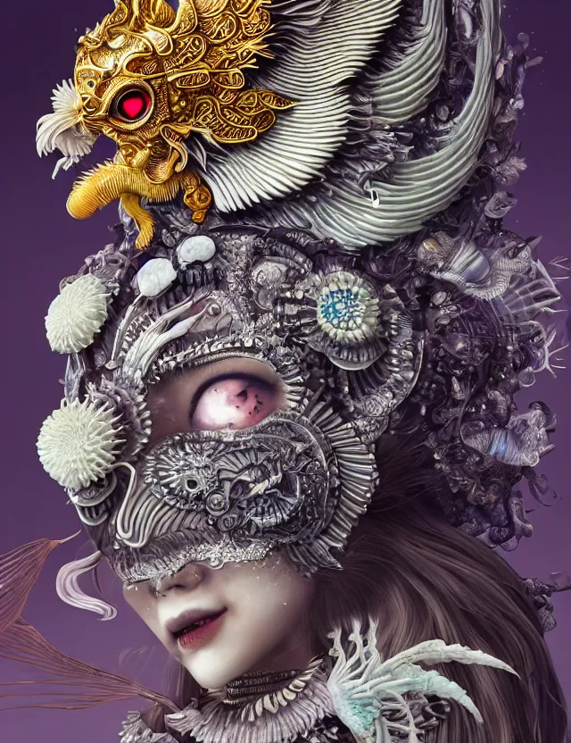 Image similar to goddess macro close - up portrait wigh crown made of ram skull. beautiful intricately detailed japanese crow kitsune mask and clasical japanese kimono. betta fish, jellyfish phoenix, bioluminiscent, plasma, ice, water, wind, creature, artwork by tooth wu and wlop and beeple and greg rutkowski