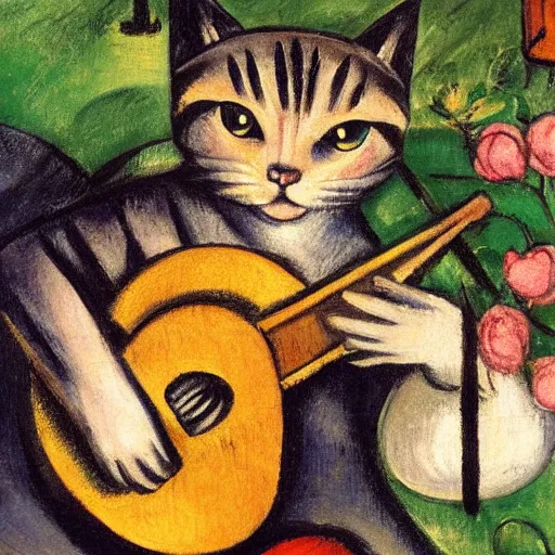 Prompt: cat with lute, sitting in the rose garden, medieval portrait, by franz marc, close up