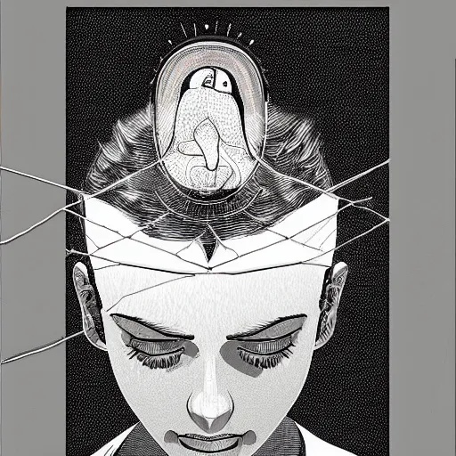Image similar to stipple shaded illustration of a human ear and a bird looking inside, by ilya kuvshinov, anatomy book, retro flat colors, retrofuturism