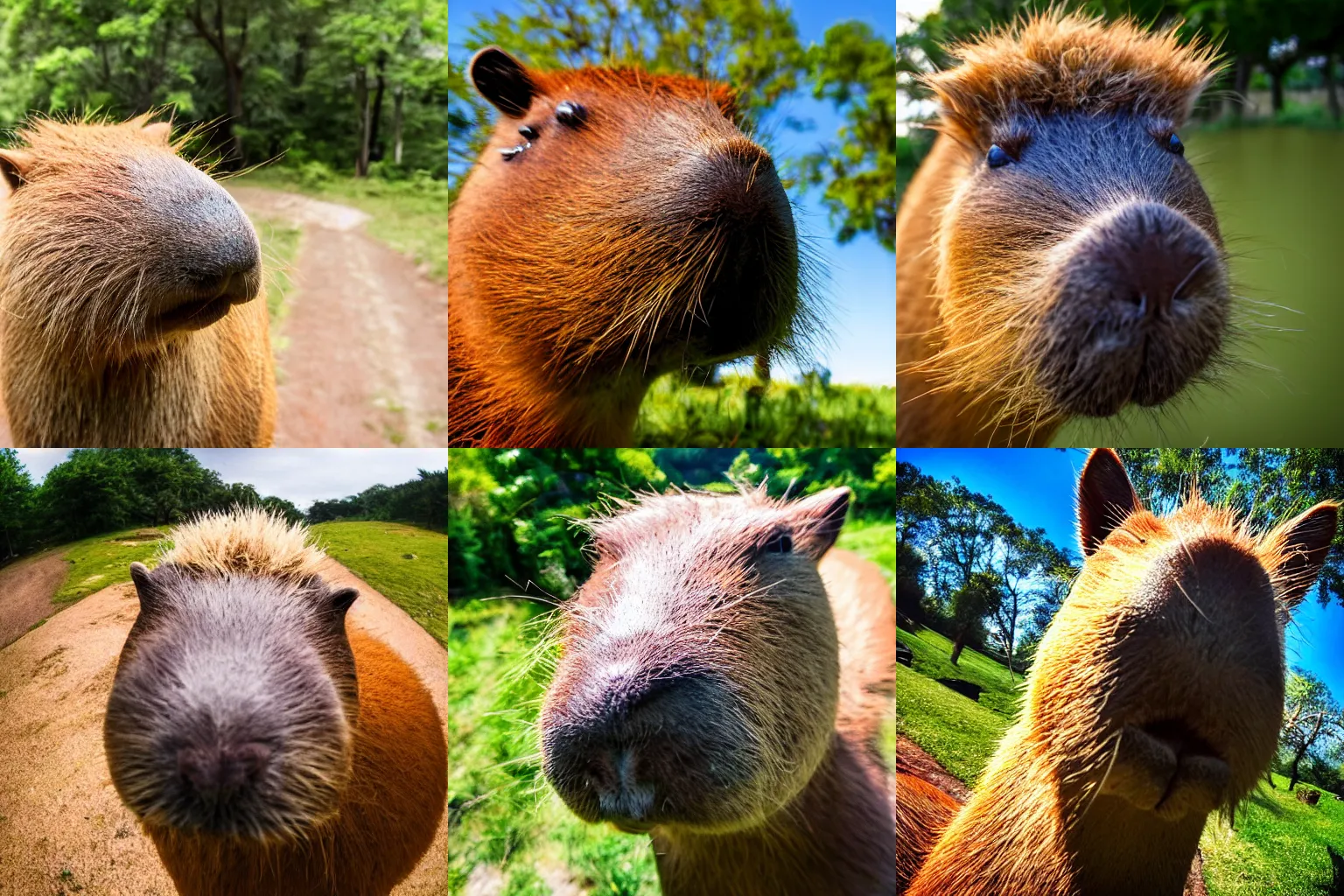 Prompt: high quality selfie taken by a capybara in the wild