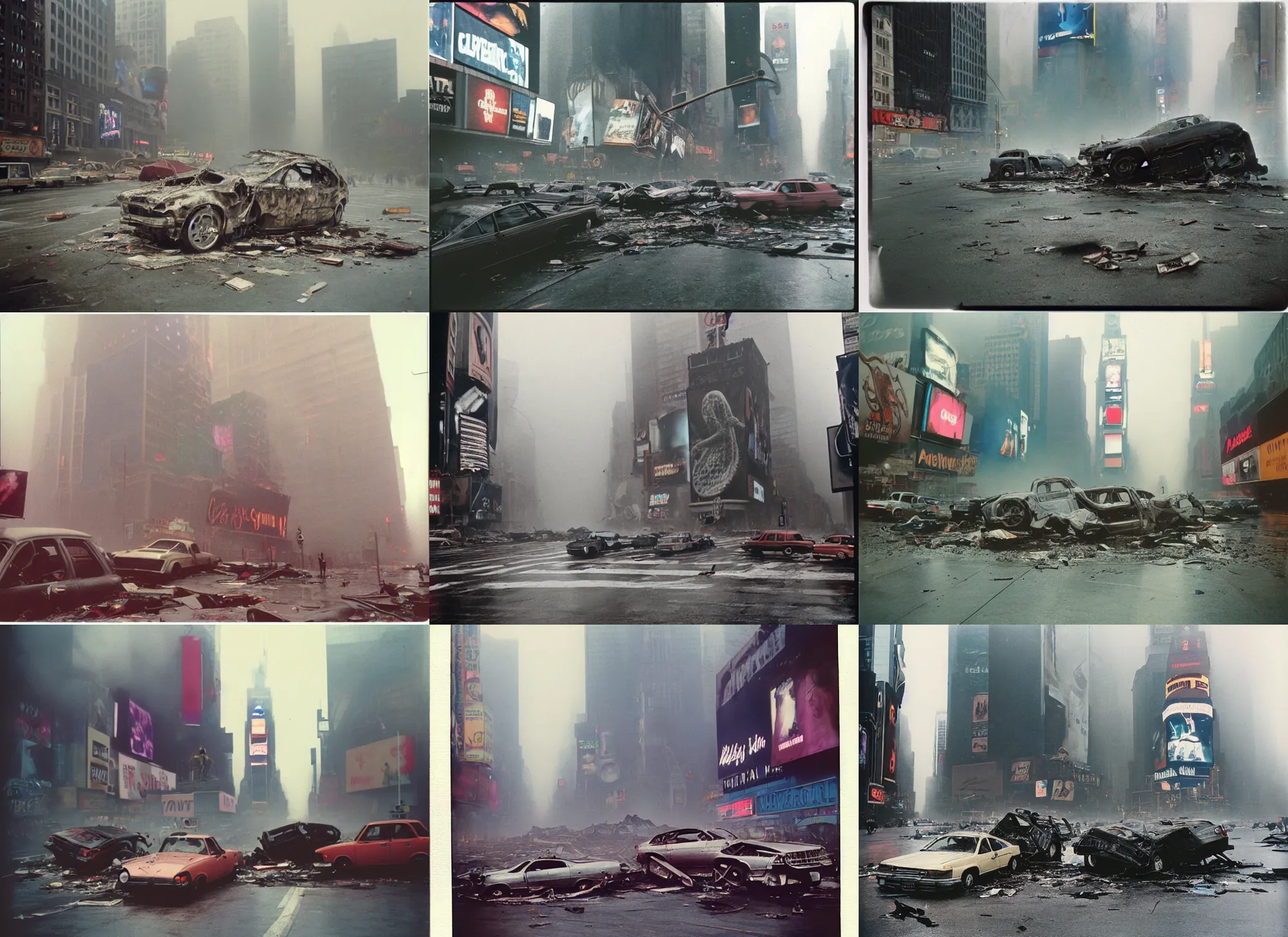 Prompt: giant octopus standing in times square, wrecked buildings, destroyed flipped wrecked cars, polaroid photo, vintage, foggy, 1 9 8 5, neutral colors, rainy day, color photo by gregory crewdson