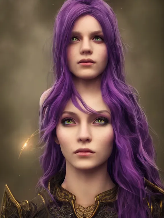 Prompt: full body portrait art of purple - haired 2 8 year old half - elf sorceress, magical glowing eyes, 8 k ultra realistic, lens flare, atmosphere, glow, detailed, intricate, full of colour, cinematic lighting, trending on artstation, 4 k, hyperrealistic, focused, extreme details, unreal engine 5, cinematic, masterpiece
