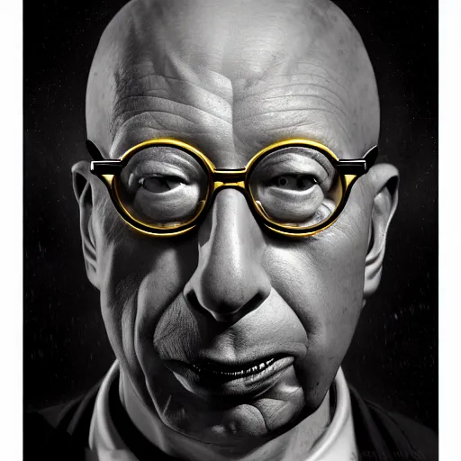 Prompt: uhd photorealistic dark scifi illustration portrait of klaus schwab wearing bizarre voodoo makeup, reading necronomicon. cinematic lighting, mad scientist style. golden ratio, accidental renaissance. in the style of akira toriyama, beksisnski, and amano and karol bak, scifi, fantasy, hyper detailed. concept art. trending on artstation