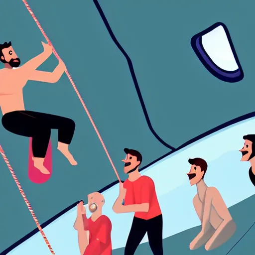 Prompt: a man is sitting in an airplane, watching his friends enjoy bouldering in a gym. award - winning digital artwork