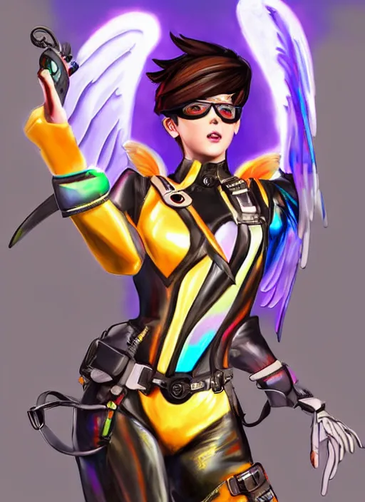 Image similar to portrait digital artwork of tracer overwatch, wearing iridescent rainbow latex and leather straps catsuit outfit, in style of mark arian, angel wings, dramatic painting, wearing detailed leather collar, chains, black harness, detailed face and eyes,