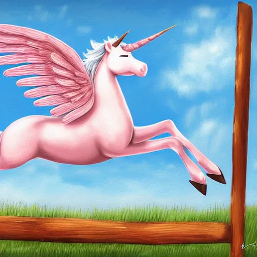 Image similar to an overweight unicorn pegasis flying over a fence, digital painting