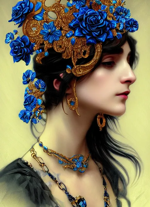 Prompt: beautiful black blue bling bling, complicated jewelry and bling bling flowers in victorian style headwears, dark fantasy, intricate, elegant, highly detailed, digital painting, artstation, highly saturated colors, concept art, matte, 3 d 8 k octane rendered, sharp focus, illustration, octane rendered, art by artgerm and alphonse mucha, leesha hannigan