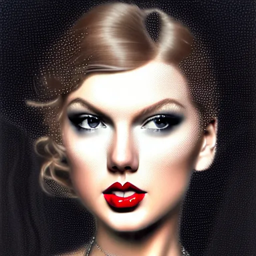 Image similar to face portrait of an absurdly graceful, elegant, sophisticated taylor swift covered in black feathers in the style of casey baugh, vladimir kush, yasunari ikenaga, yasar vurdem, william oxer, intricate, beautiful, artstation 8 k, high resolutionsparkling atom fractals of jewls cords