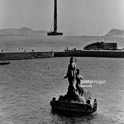 Image similar to the colossus of rhodes statue standing above the greek harbor with boats going through its legs black and white dali picture front view