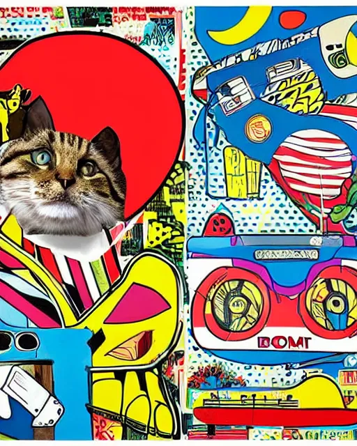 Prompt: small pop art collage mural with a cat, skateboard, boombox, american flag, a large taco, and a bird of paradise plant, by Alex Yanes