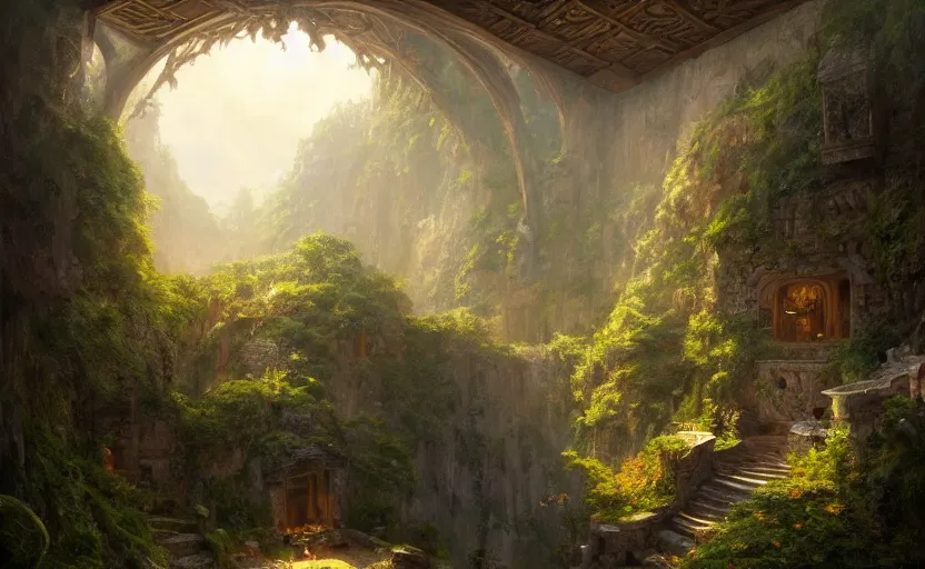 Prompt: painting of a series of a ring of bedrooms carved high up inside a mountain surround a lush garden with hot spring, cozy bed, well maintained, clean, medieval, fantasy genre, natural light, fantasy, natural light, sharp focus, concept art, by greg rutkowski and craig mullins, cozy atmospheric and cinematic lighting, trending on artstation