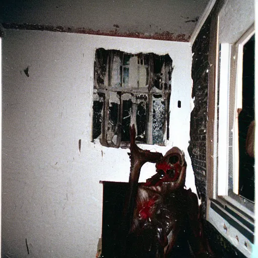 Image similar to 1 9 9 3, disposable camera, flash, old abandoned house, mutant flesh creature