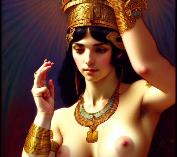 Prompt: photography of sensual cleopatra with hands - up and hairy armpits, deep focus, intricate, elegant, highly detailed, digital painting, artstation, concept art, matte, sharp focus, illustration, art by artgerm and greg rutkowski and alphonse mucha and gil elvgren