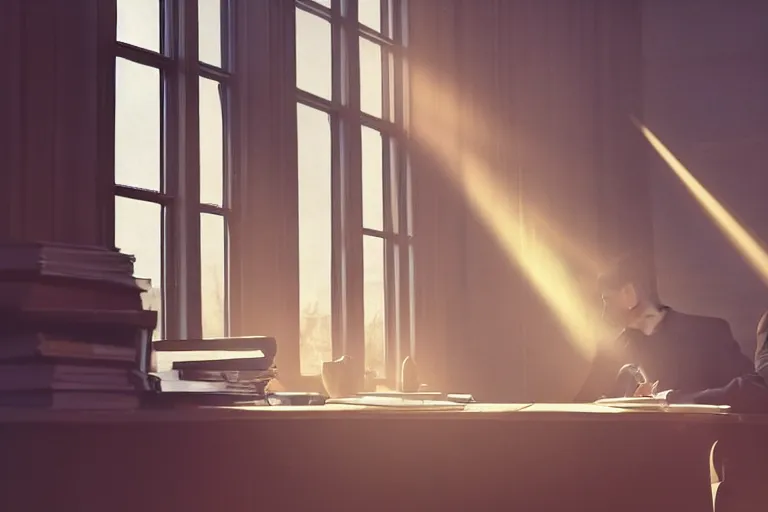 Prompt: a 1 9 5 0 s detective in his office, sunbeams streaming through the window