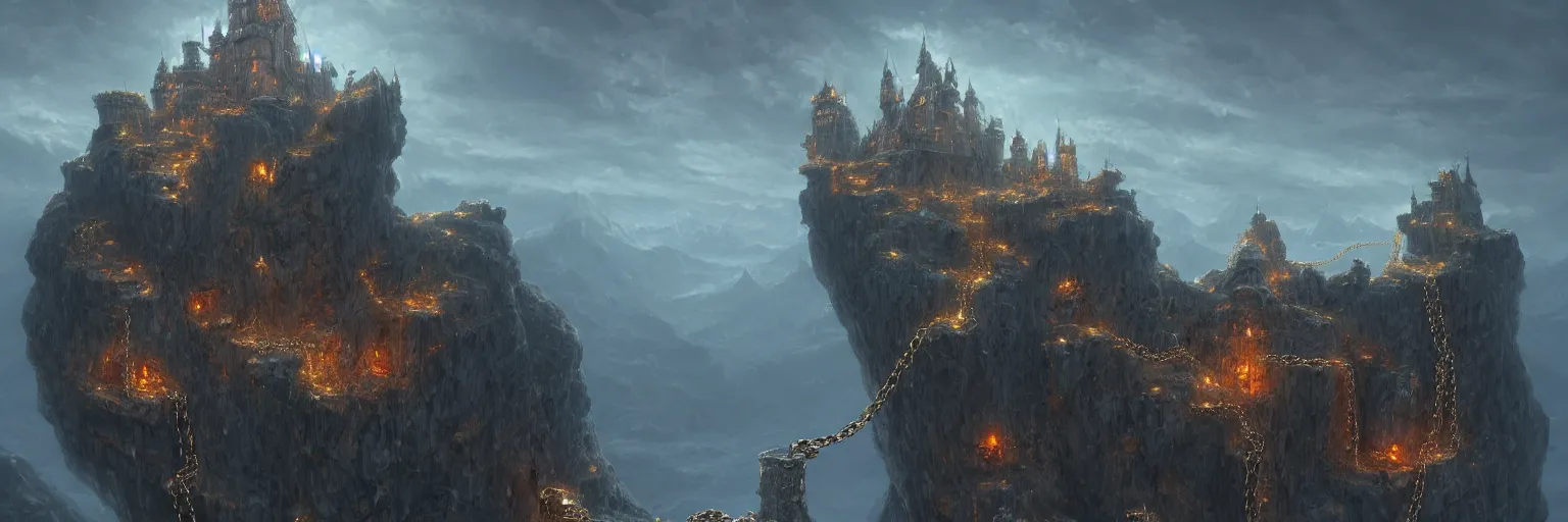 Prompt: an immense floating castle with chains holding in mountains, in the midst of high mountains, hanging by chains, inside a gorge, below only cloud dark void, 8k resolution, by Tatsuyuki Tanaka, artstation trends