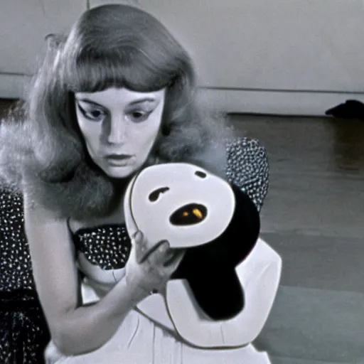 Prompt: Still from a 1970 film about a woman embracing an inflatable animal, color film 1973 John Waters Fellini