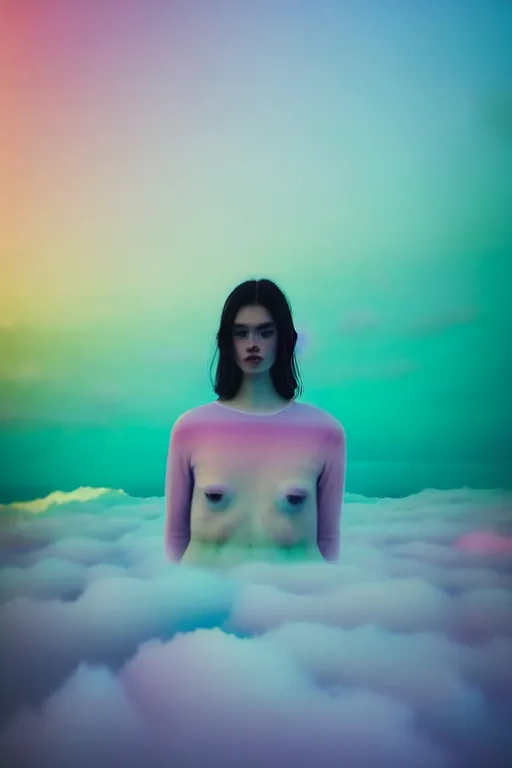 Image similar to high quality pastel coloured film close up wide angle photograph of a model wearing clothing swimming on cloud furniture in a icelandic black rock!! environment in a partially haze filled dreamstate world. three point light, rainbow. photographic production. art directed. pastel colours. volumetric clouds. pastel gradient overlay. waves glitch artefacts. extreme facial clarity. 8 k. filmic.