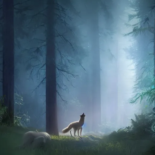 Image similar to medium shot young girl, blond hair green eyes, astride a gray wolf, in a dark forest, mysterious, backlit, beautiful still from a pixar dreamworks movie, trending on artstation