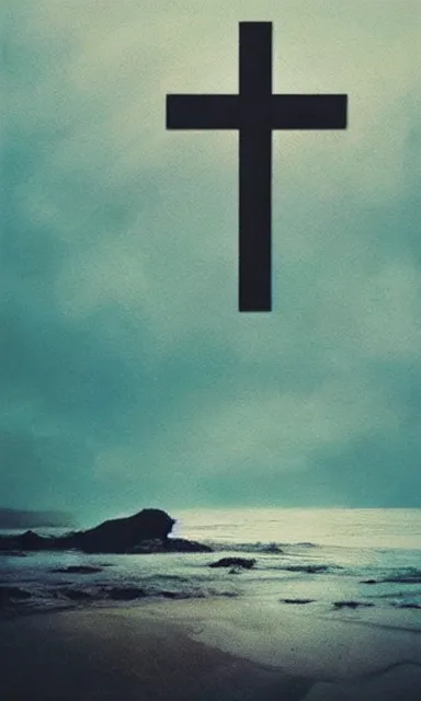 Image similar to upside - down cross rising out of a calm and serene!! ocean, album cover, relaxing tones, muted tones, expressionist, minimalist,