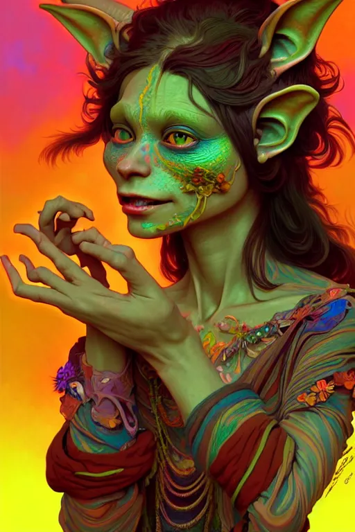 Prompt: beautiful psychedelic goblin, highly detailed, digital painting, artstation, sharp focus, illustration, art by tan zi and ayanamikodon and alphonse mucha and wlop