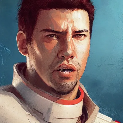 Image similar to portrait of a man by greg rutkowski, he looks like greg grunberg, tall and burly, star wars expanded universe, he is about 3 0 years old, wearing red and white starfighter pilot uniform from the galactic triunvirate.