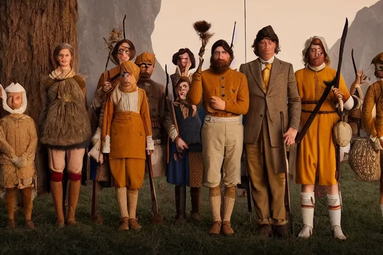 Image similar to A group of 5 adventurers lined up for a group portrait, Screenshot of Wes Anderson's New High Fantasy Movie, directed by Wes Anderson, Chest high, Photo realistic, Regal, Formal, Cinematic, Symmetrical, Satisfying dynamic lighting, Highly Detailed, Cinematic Lighting, 8k, HD