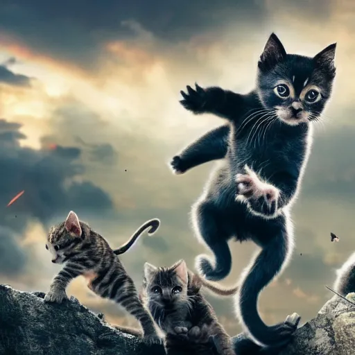 Image similar to a team of kitten superheroes fighting off a hoard of ninja monkeys, ultra realistic, cinematic, 8k, movie still