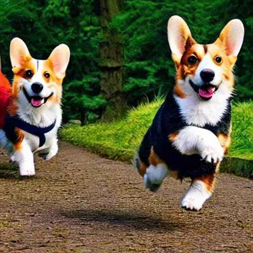 Image similar to corgi monster, children running away, forest