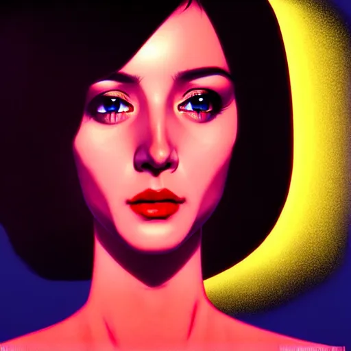 Image similar to tv actress with warm eyes, slim features, hallucinating happily. box office hit, satire and seventies italian horror movie, unreal engine, intricate, ultra detailed 8 k, ambient reflective occlusion, extremely beautiful and aesthetic shape of face and neck, art by hiroaki samura and ilya kuvshinov and rossdraws and andy warhol, inverted