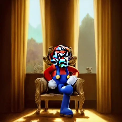 Image similar to mario sitting in a chair in his living room with sunlight pouring in through a window, portrait, fantasy, beautiful face, vivid colors, elegant, concept art, sharp focus, digital art, hyper - realistic, 4 k, unreal engine, highly detailed, hd, dramatic lighting by brom, trending on artstation