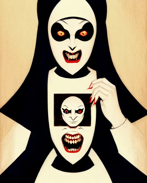Image similar to single scary female vampire nun, symmetrical face, evil grin, nun outfit, portrait size, photoshoot, powerful, super detailed and intricate, by koson ohara, by darwyn cooke, by greg rutkowski, by satoshi kon