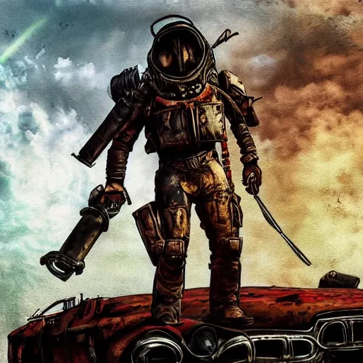 Image similar to fallout 4 wasteland, mad max fury road style painting