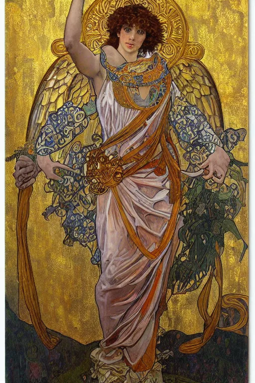 Prompt: a full body portrait of saint michael the archangel oil painting cross between the styles of alphonse mucha and gustav klimt gold leaf, intricate detailed,